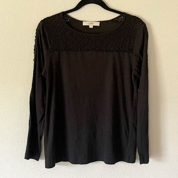 Like New! LOFT Black Lightweight Long-Sleeve Lace Detail Top. Size Small. - Picture 1 of 4